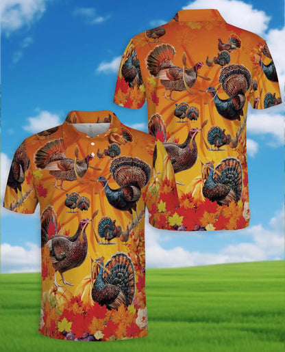 Thanksgiving Turkey Hawaiian Polo Shirt For Men, Fall Autumn Leaves Turkey Print Aloha Button Up Shirt