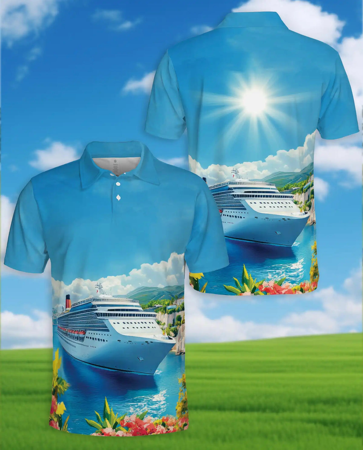 Cruise Ship Hawaiian Polo Shirt For Men, Ocean Voyage Tropical Summer Button Up Shirt