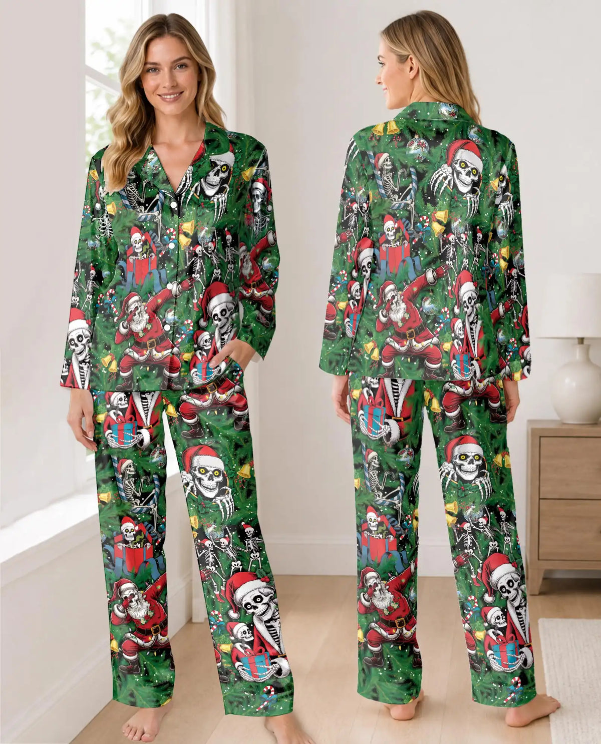 Santa Skeleton Christmas Pajama Set for Women – Spooky Holiday Print