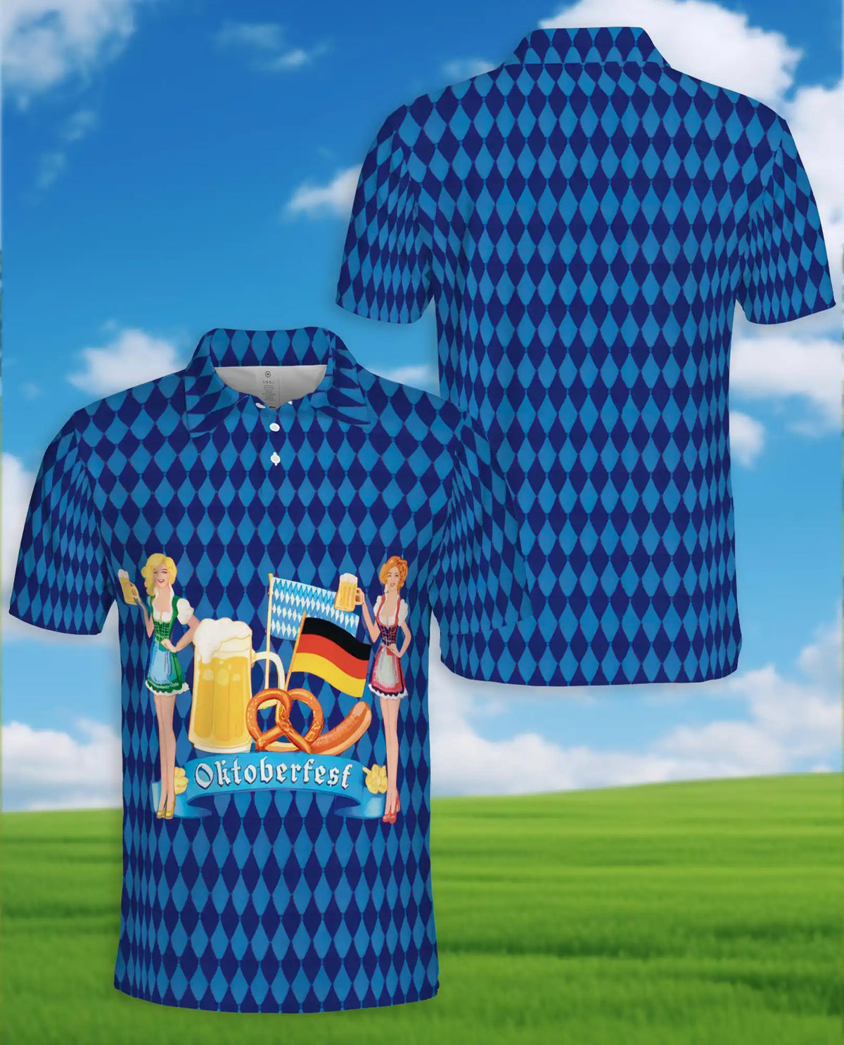 Oktoberfest Hawaiian Shirt For Men, German Beer Festival Blue Diamond Pattern Button Up Shirt