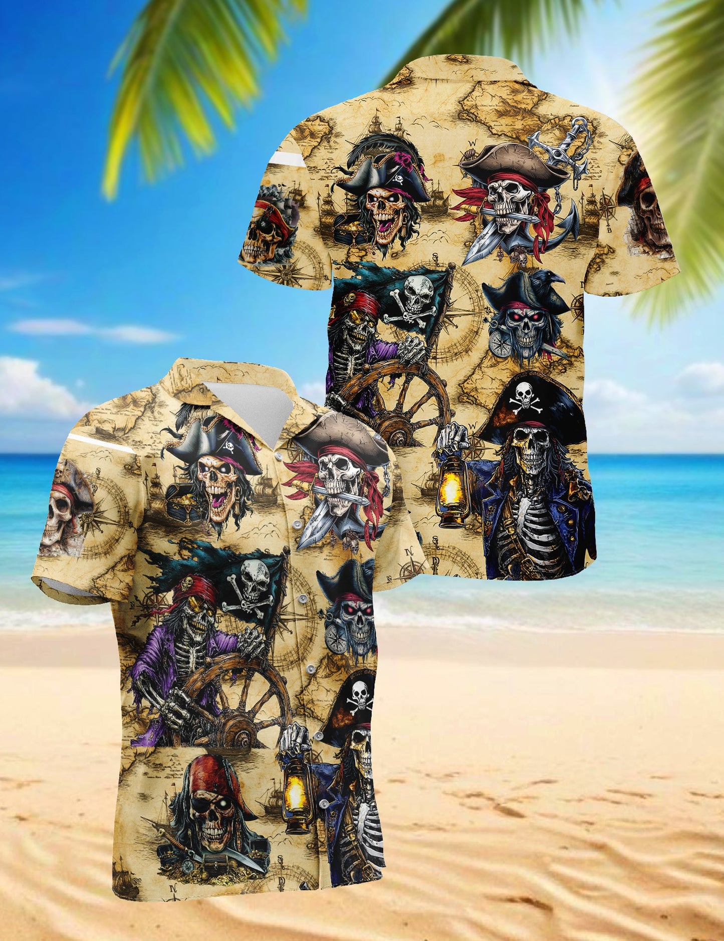 Pirate Skull Treasure Hawaiian Shirt for Men, Button Down Aloha Shirt - Azhawaiian