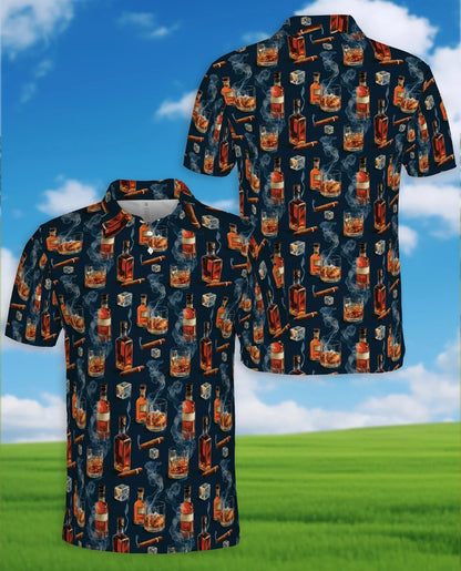 Whiskey and Cigar Pattern Polo Shirt for Men, Vintage Gentleman Style | Azhawaiian