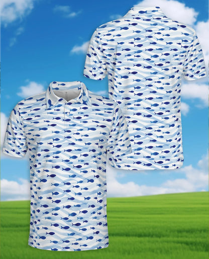 Blue and White Fish Pattern Polo Shirt for Men, Coastal Nautical Style | Azhawaiian