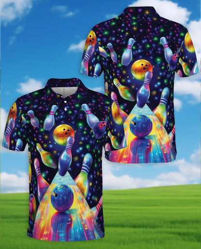 Cosmic Bowling Hawaiian Polo Shirt For Men, Galaxy Bowling Ball & Pins Space Print Button Up Shirt