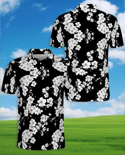Black Floral Hawaiian Shirt For Men, White Cherry Blossom Tropical Button Up Shirt