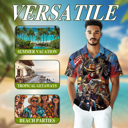 Western Cowboy Skeleton Hawaiian Shirt for Men, Button Down Aloha Shirt - Azhawaiian
