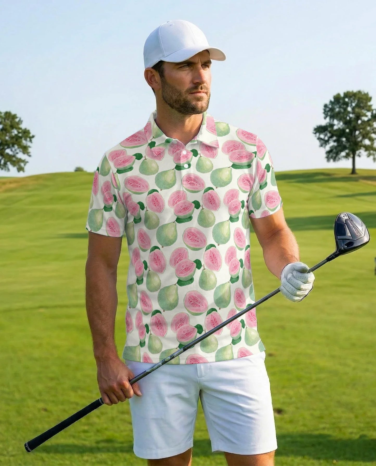 Guava Pattern Polo Shirt for Men, Tropical Fruit Summer Style | Azhawaiian