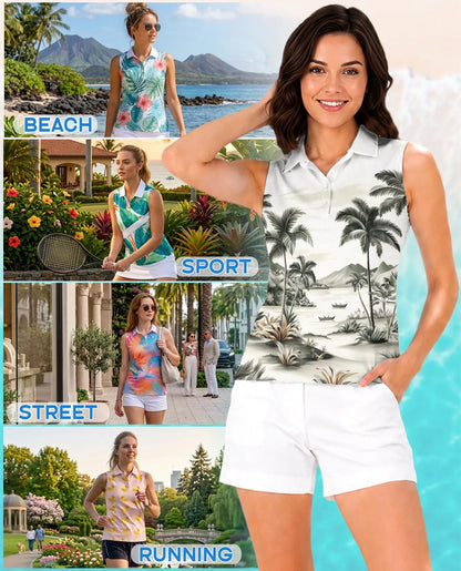 Vintage Coconut Tree Sleeveless Polo Shirt for Women | Azhawaiian