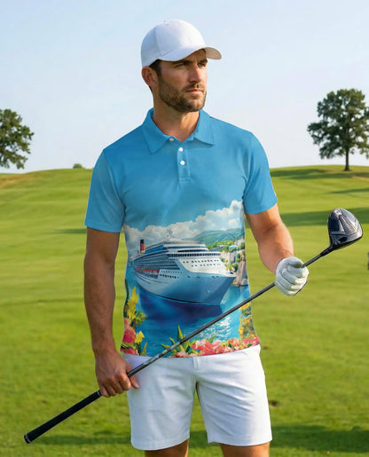 Cruise Ship Hawaiian Polo Shirt For Men, Ocean Voyage Tropical Summer Button Up Shirt
