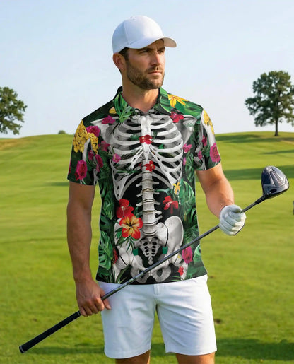 Tropical Skeleton Hawaiian Polo Shirt For Men, Floral Skull Anatomy Bone Aloha Button Up Shirt