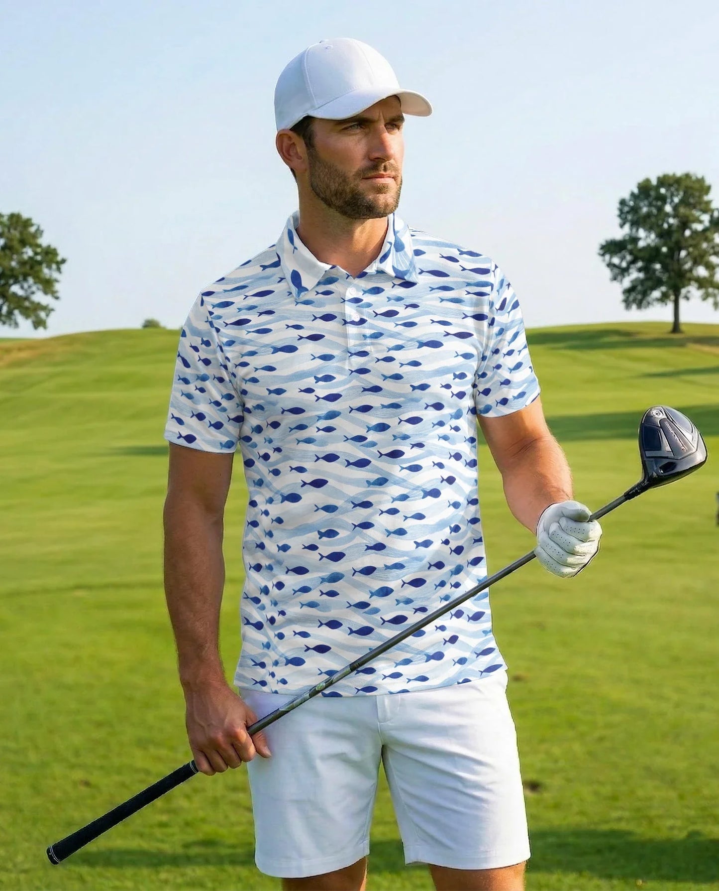 Blue and White Fish Pattern Polo Shirt for Men, Coastal Nautical Style | Azhawaiian
