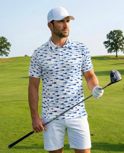 Blue and White Fish Pattern Polo Shirt for Men, Coastal Nautical Style | Azhawaiian