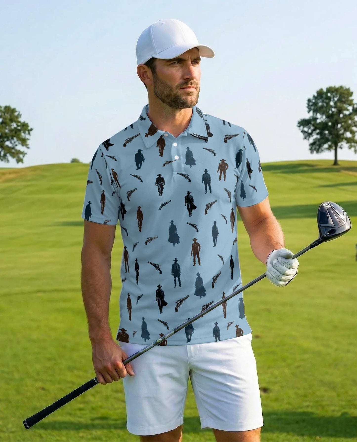 Cowboy Silhouette Pattern Polo Shirt for Men, Western Ranch Style | Azhawaiian