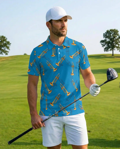 Trumpet Hawaiian Shirt For Men, Blue Music Instrument Pattern Button Up Shirt