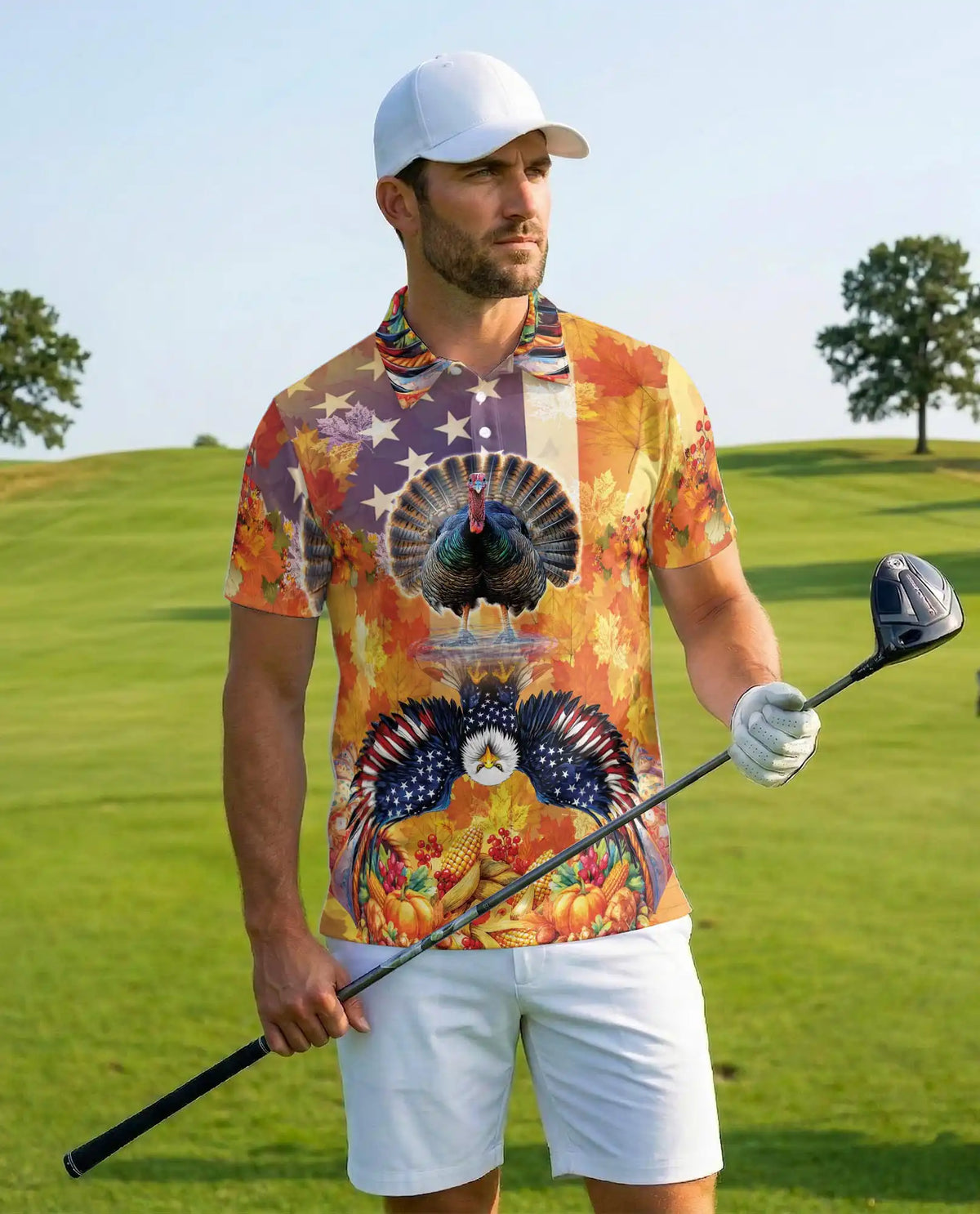 Thanksgiving Turkey American Eagle Hawaiian Polo Shirt For Men, Fall Harvest Patriotic Turkey Aloha Button Up Shirt