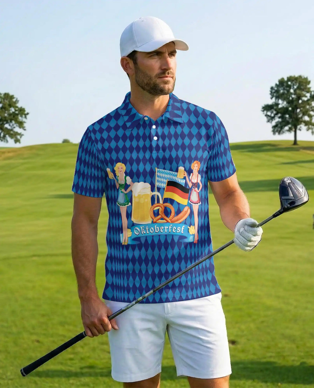Oktoberfest Hawaiian Shirt For Men, German Beer Festival Blue Diamond Pattern Button Up Shirt