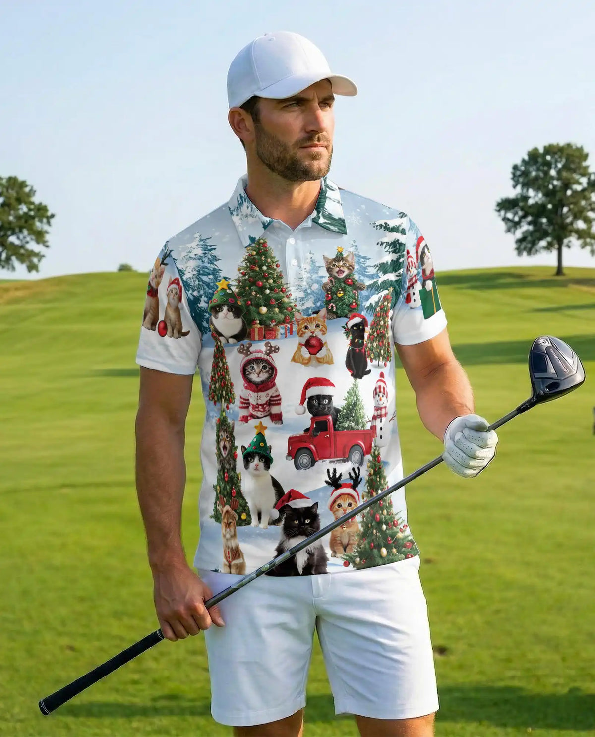 Christmas Cat Hawaiian Polo Shirt For Men, Cute Santa Kitty Holiday Shirt, Winter Snow Cat Lover Gift