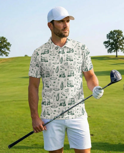 Vintage Golf Sketch Pattern Polo Shirt for Men, Classic Golfer Style | Azhawaiian