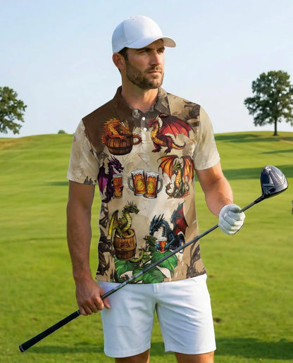 Dragon Beer Hawaiian Polo Shirt For Men, Fantasy Dragon Drinking Beer Tropical Button Up Shirt