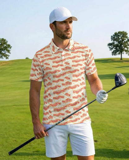 Bacon Pattern Polo Shirt for Men, Funny Food Lover Style | Azhawaiian