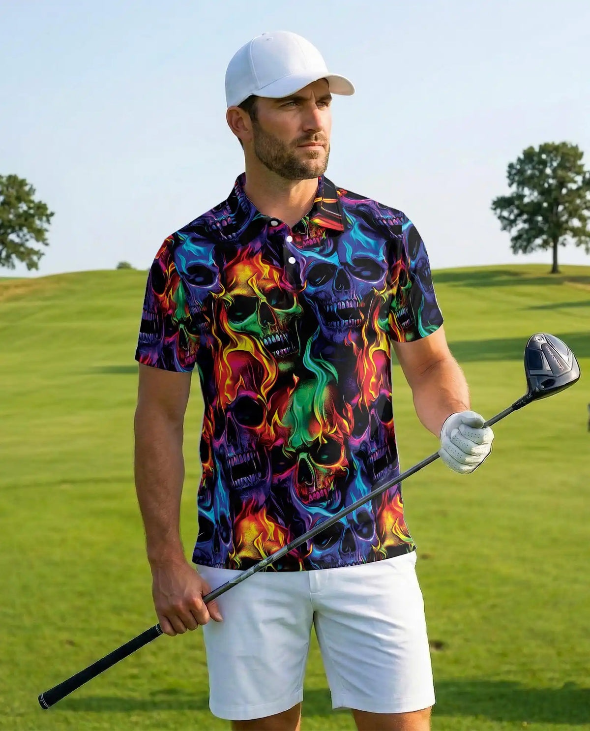Colorful Skull Hawaiian Shirt For Men, Neon Flame Skeleton Graphic Button Up Shirt