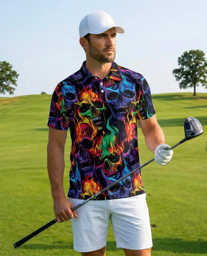 Colorful Skull Hawaiian Shirt For Men, Neon Flame Skeleton Graphic Button Up Shirt