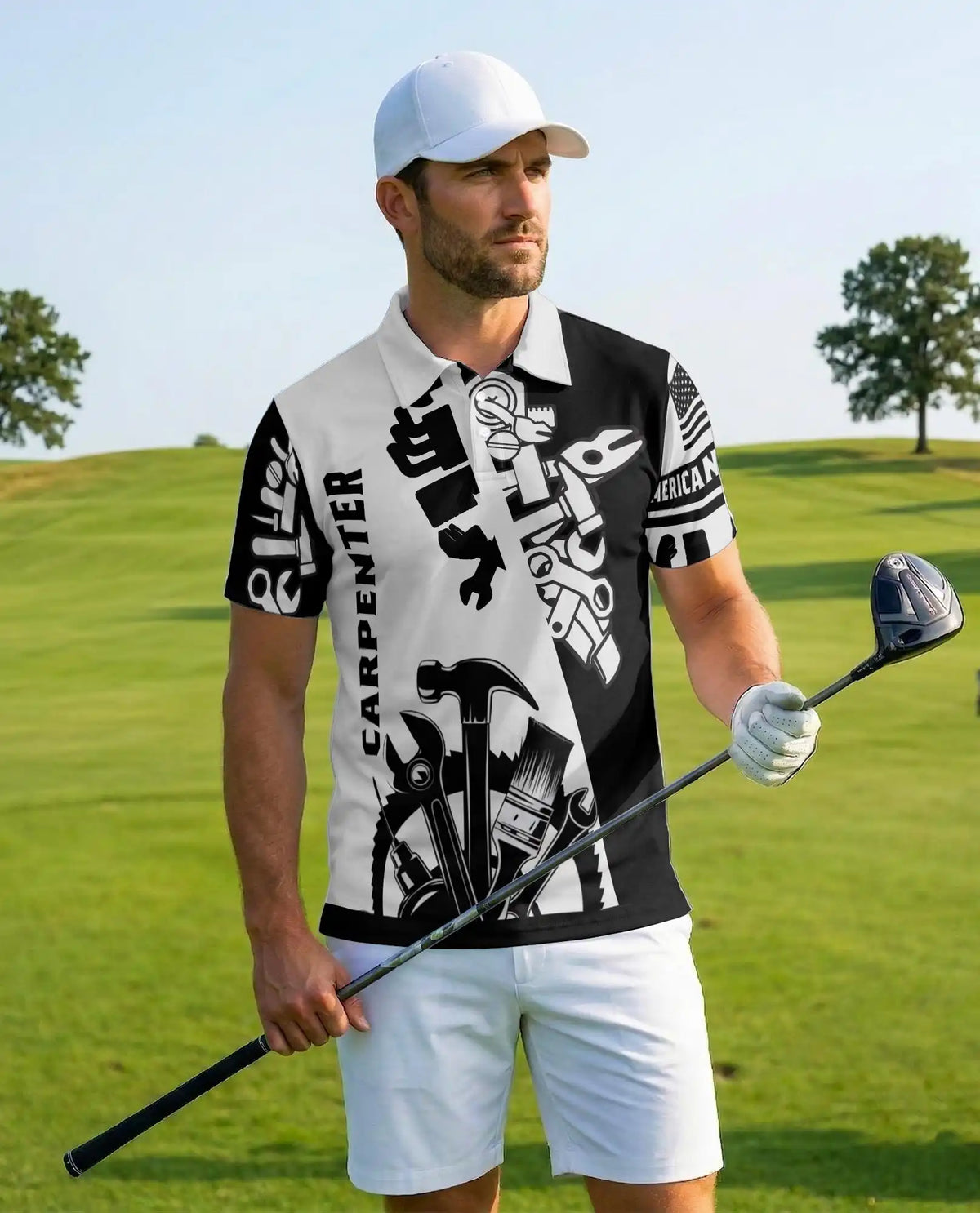 Carpenter Workwear Polo Shirt For Men, Black White Tool Design Graphic Button Up Shirt