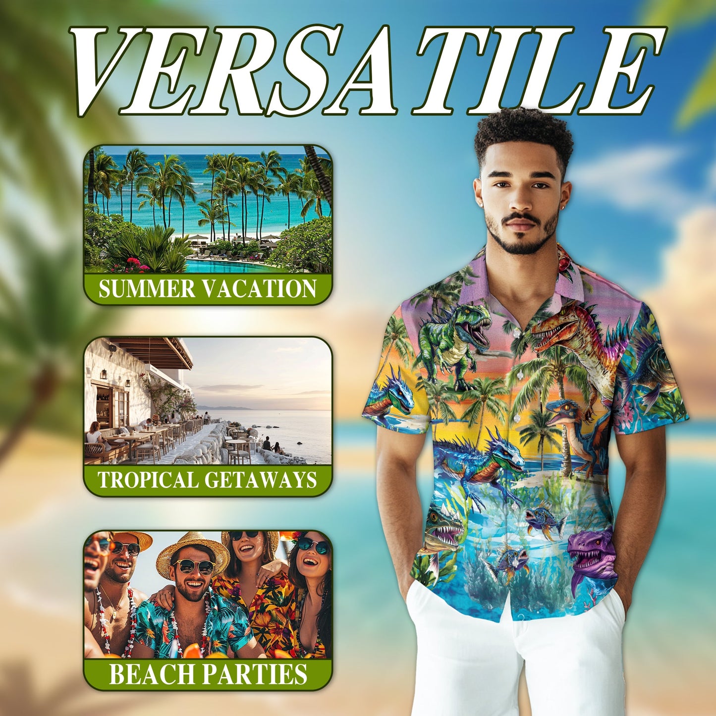 Tropical Dinosaur Hawaiian Shirt for Men, Button Down Aloha Shirt - Azhawaiian