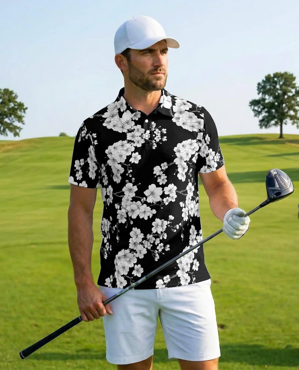 Black Floral Hawaiian Shirt For Men, White Cherry Blossom Tropical Button Up Shirt