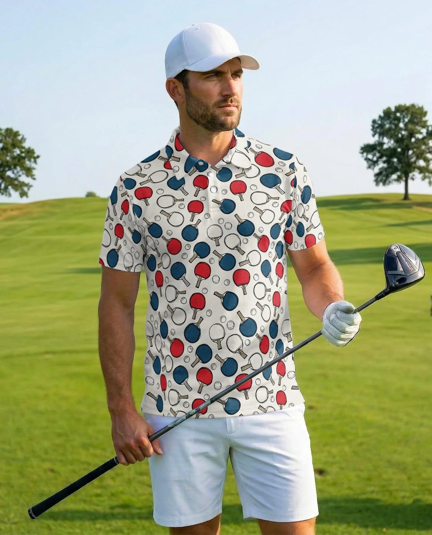 Ping Pong Paddle Pattern Polo Shirt for Men, Table Tennis Sports Style | Azhawaiian