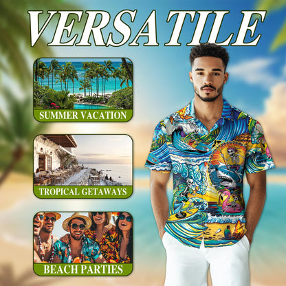Funny Surfing Skull Art Hawaiian Shirt for Men, Button Down Aloha Shirt - Azhawaiian