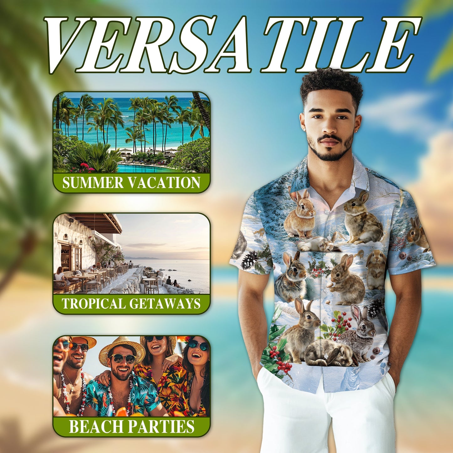 Rabbits in Snow Hawaiian Shirt for Men, Button Down Aloha Shirt - Azhawaiian