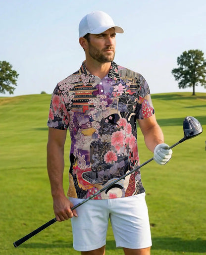 Japanese Sakura Temple Hawaiian Shirt For Men, Vintage Floral Kimono Style Button Up Shirt