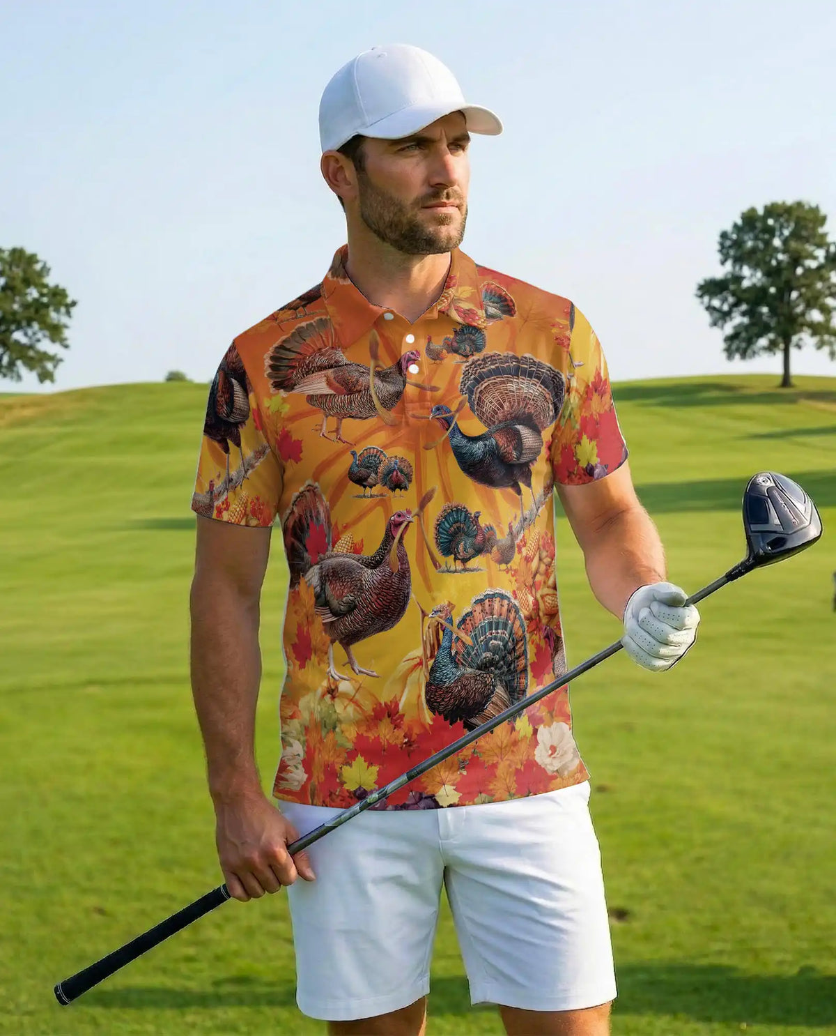 Thanksgiving Turkey Hawaiian Polo Shirt For Men, Fall Autumn Leaves Turkey Print Aloha Button Up Shirt