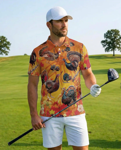 Thanksgiving Turkey Hawaiian Polo Shirt For Men, Fall Autumn Leaves Turkey Print Aloha Button Up Shirt