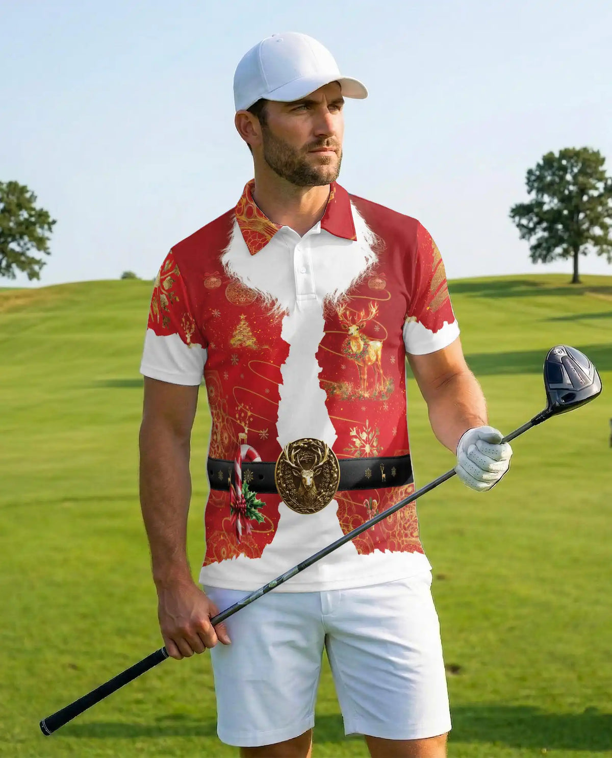 Santa Claus Christmas Hawaiian Polo Shirt For Men, Red Xmas Reindeer Belt Ugly Christmas Button Up Shirt