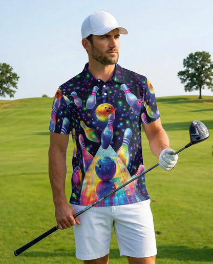 Cosmic Bowling Hawaiian Polo Shirt For Men, Galaxy Bowling Ball & Pins Space Print Button Up Shirt