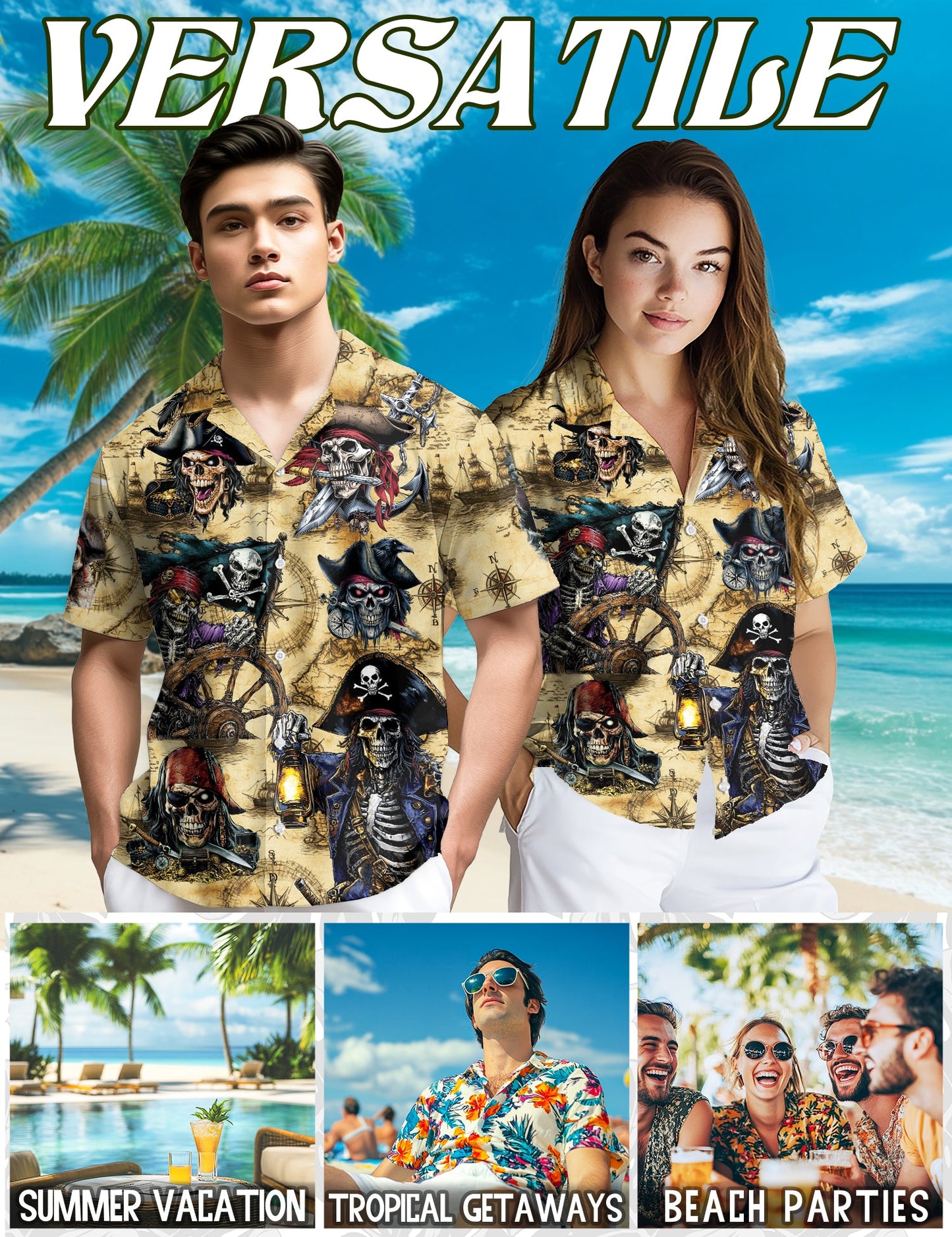 Pirate Skull Treasure Hawaiian Shirt for Men, Button Down Aloha Shirt - Azhawaiian