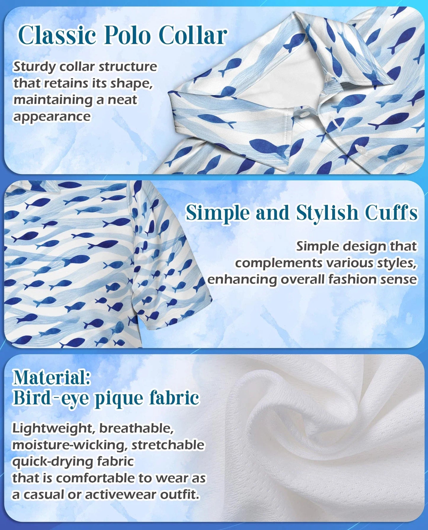Blue and White Fish Pattern Polo Shirt for Men, Coastal Nautical Style | Azhawaiian