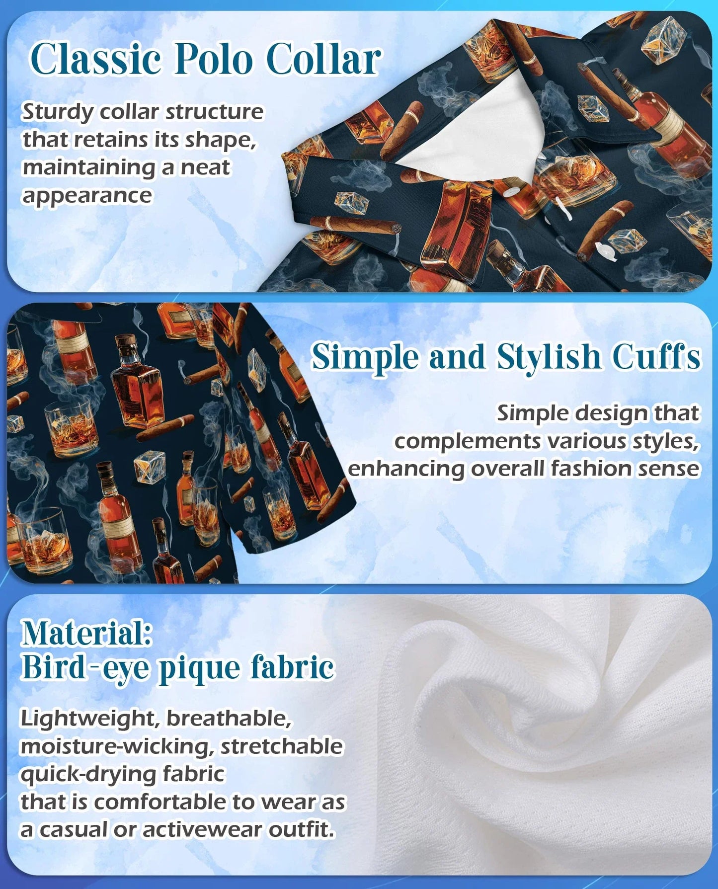 Whiskey and Cigar Pattern Polo Shirt for Men, Vintage Gentleman Style | Azhawaiian