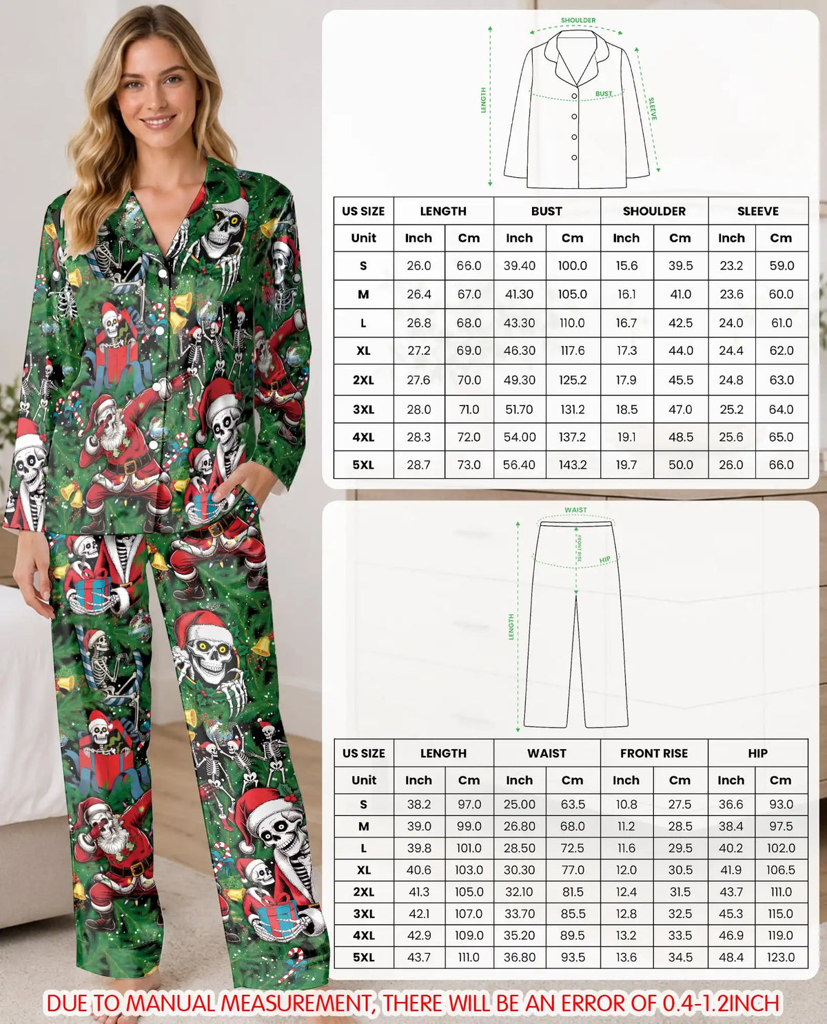Santa Skeleton Christmas Pajama Set for Women – Spooky Holiday Print