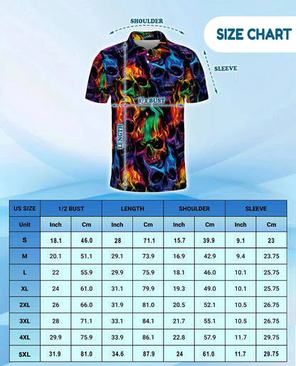 Colorful Skull Hawaiian Shirt For Men, Neon Flame Skeleton Graphic Button Up Shirt