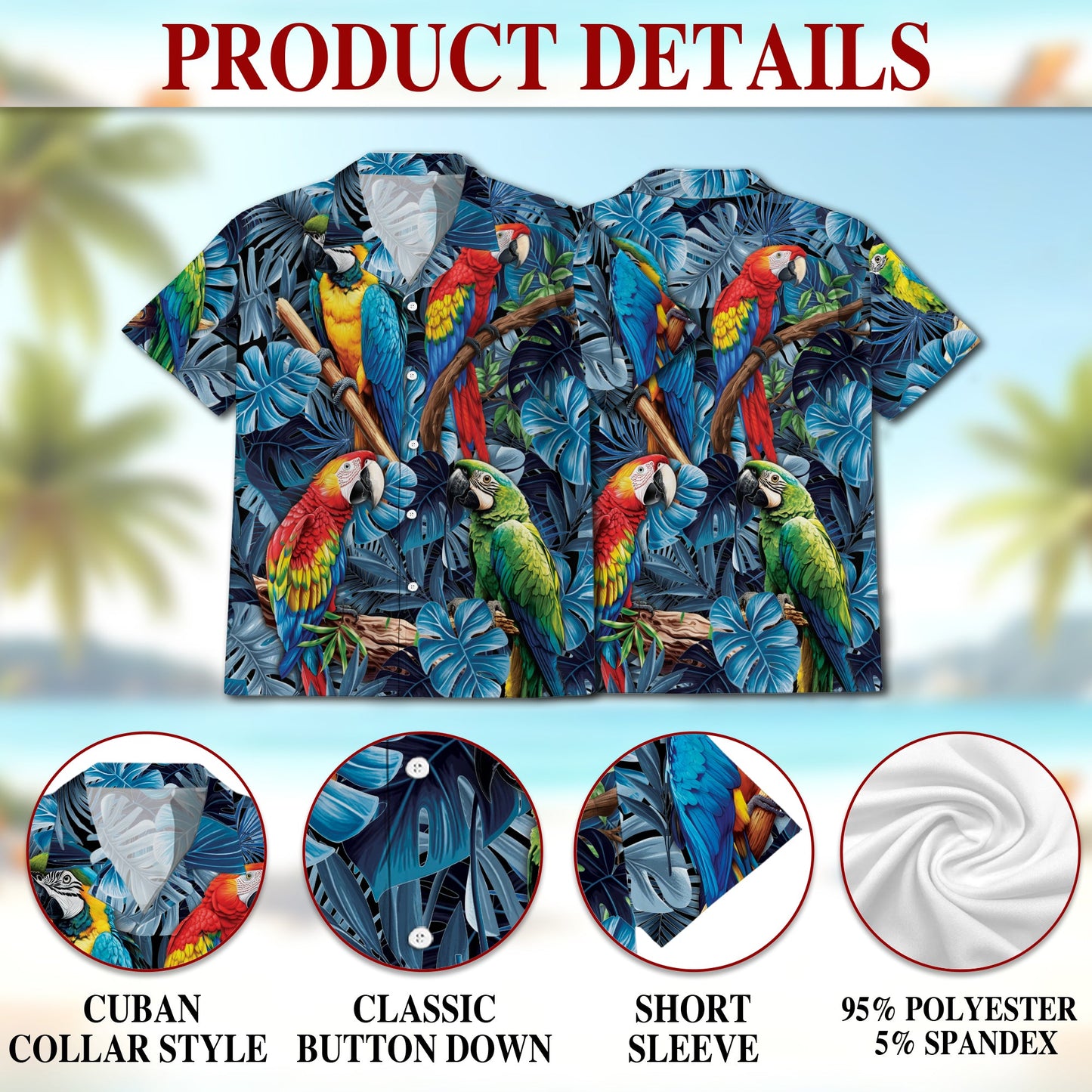 Colorful Parrot Hawaiian Shirt for Men, Button Down Aloha Shirt - Azhawaiian