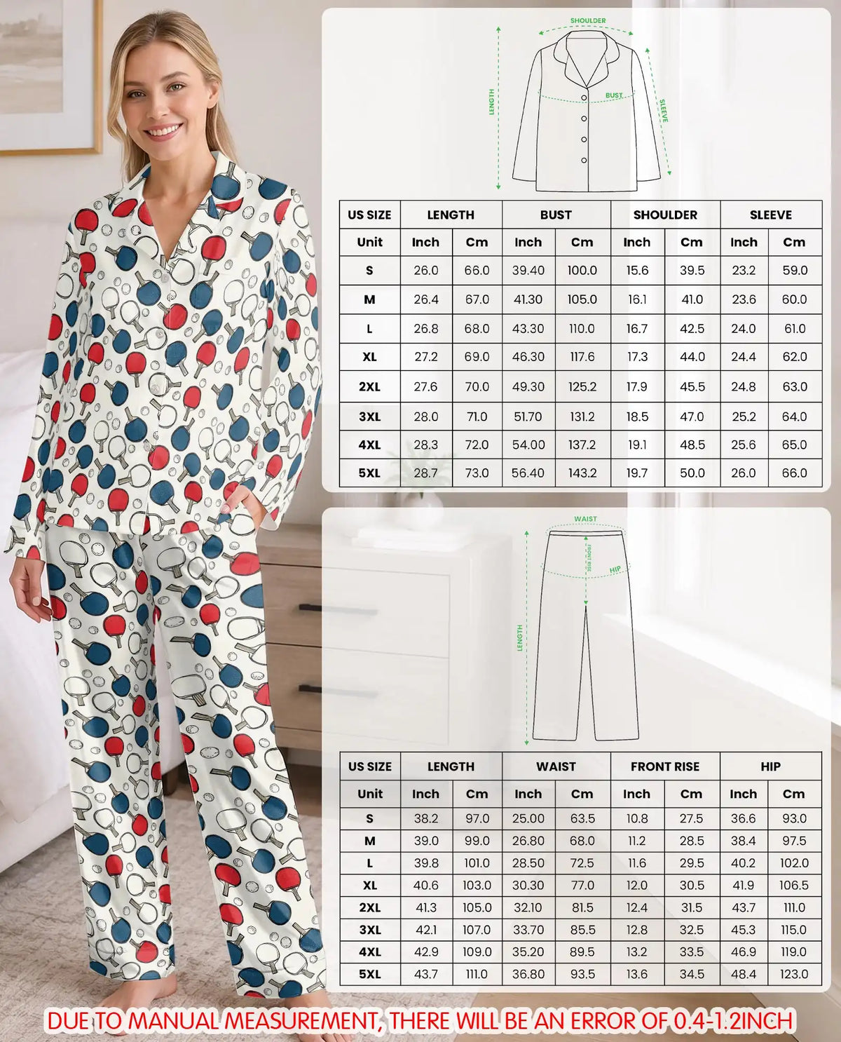 Table Tennis Pajama Set for Women – Red & Blue Ping Pong Paddle Print