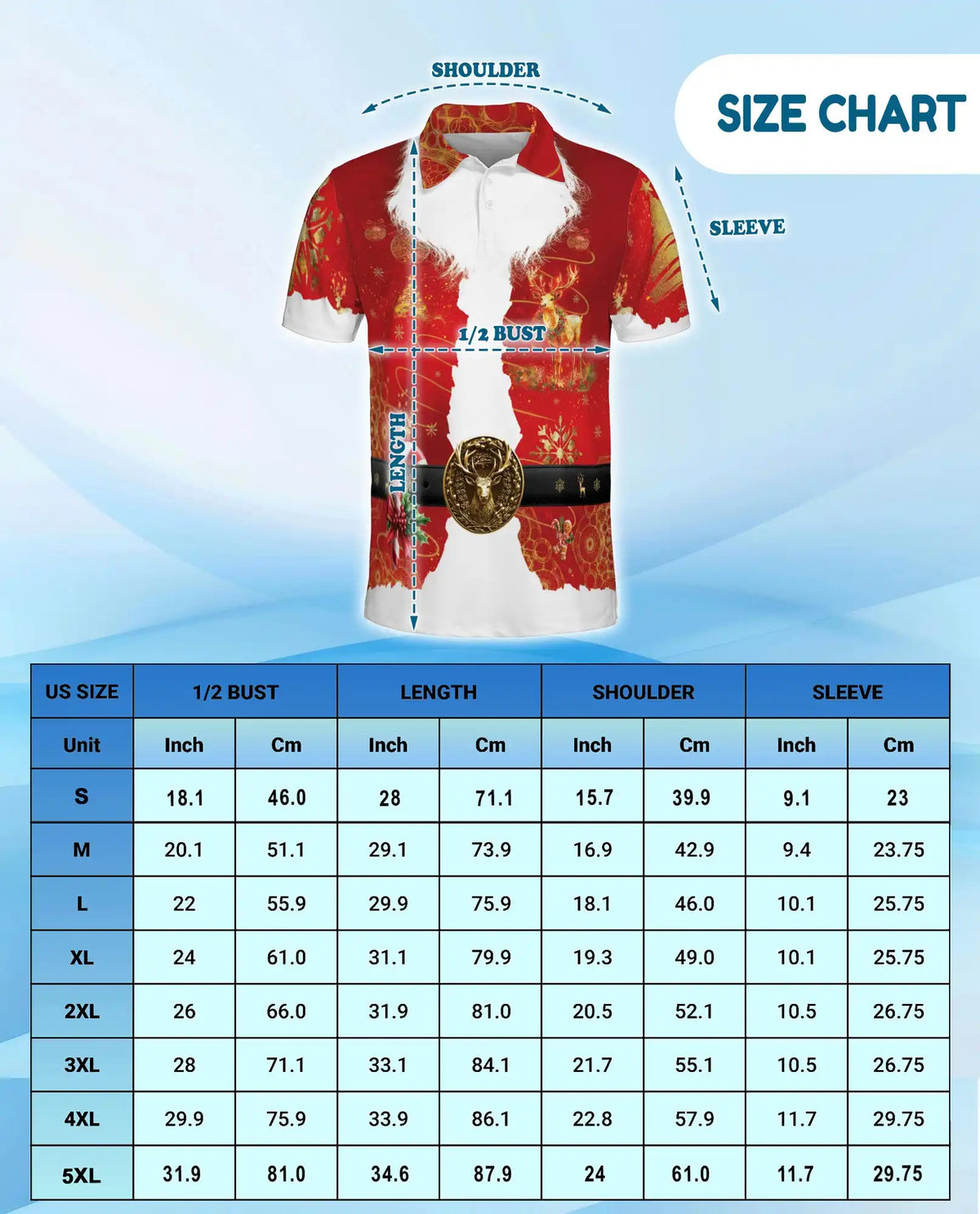Santa Claus Christmas Hawaiian Polo Shirt For Men, Red Xmas Reindeer Belt Ugly Christmas Button Up Shirt