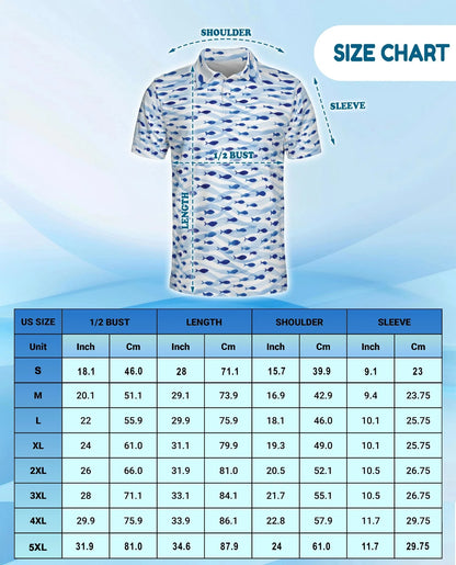 Blue and White Fish Pattern Polo Shirt for Men, Coastal Nautical Style | Azhawaiian
