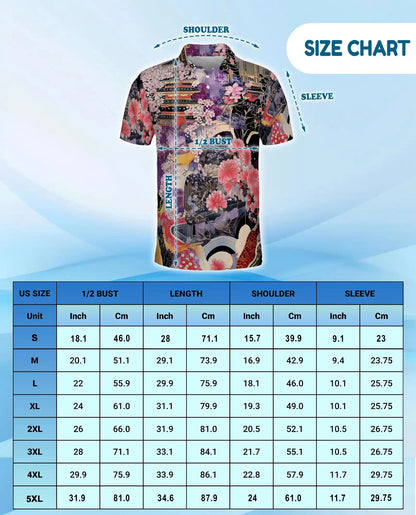 Japanese Sakura Temple Hawaiian Shirt For Men, Vintage Floral Kimono Style Button Up Shirt