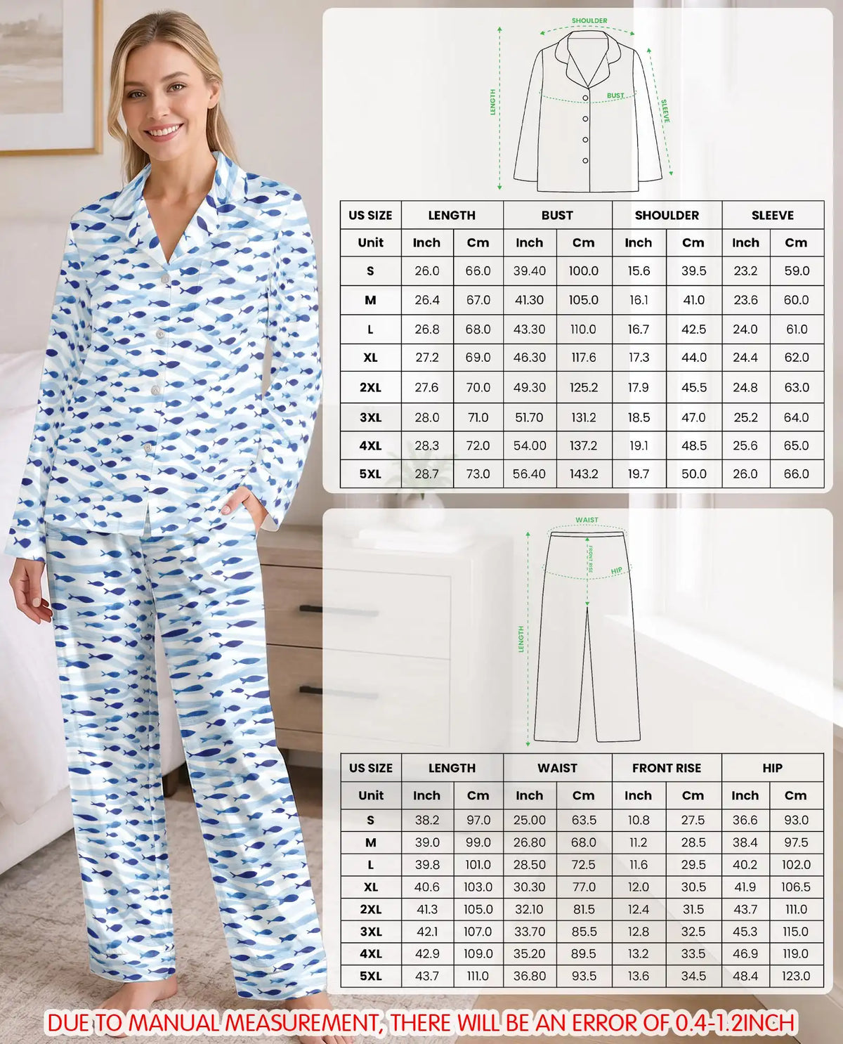 Blue School of Fish Pajama Set for Women – Minimalist Ocean Wave Print