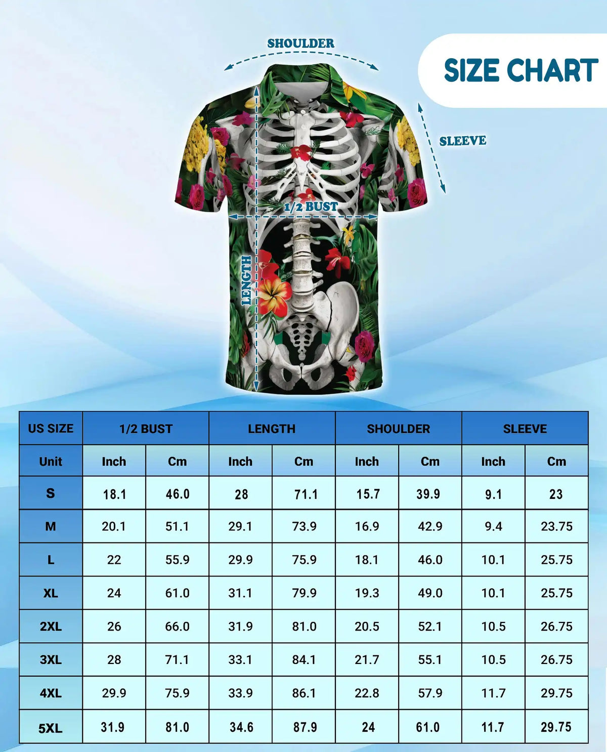 Tropical Skeleton Hawaiian Polo Shirt For Men, Floral Skull Anatomy Bone Aloha Button Up Shirt