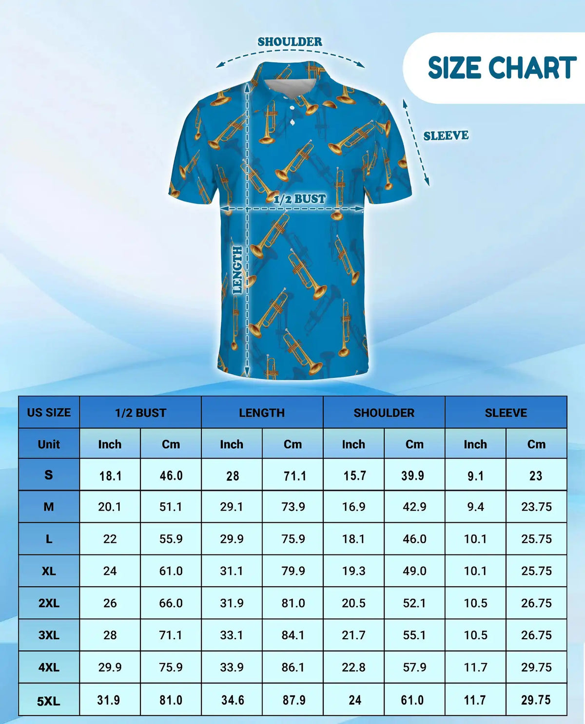 Trumpet Hawaiian Shirt For Men, Blue Music Instrument Pattern Button Up Shirt